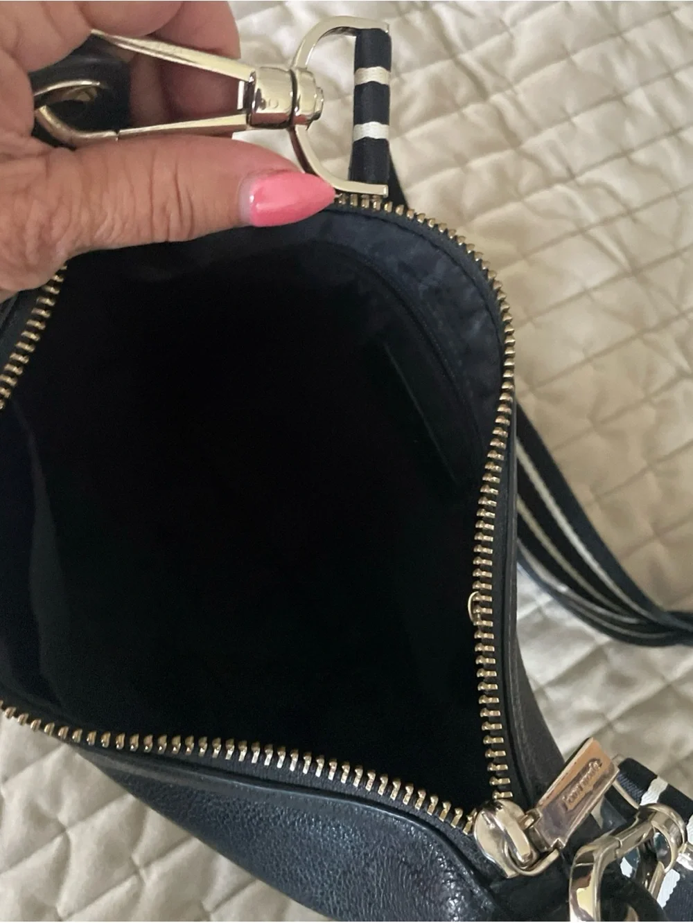 kate spade Black Pebbled Leather Crossbody with Striped Strap